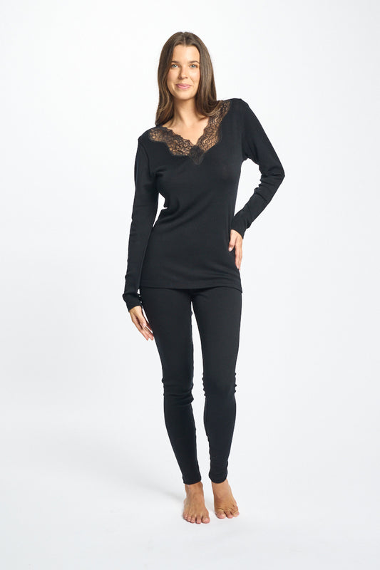 Fine Merino Wool & Silk Long Sleeve Lace Black