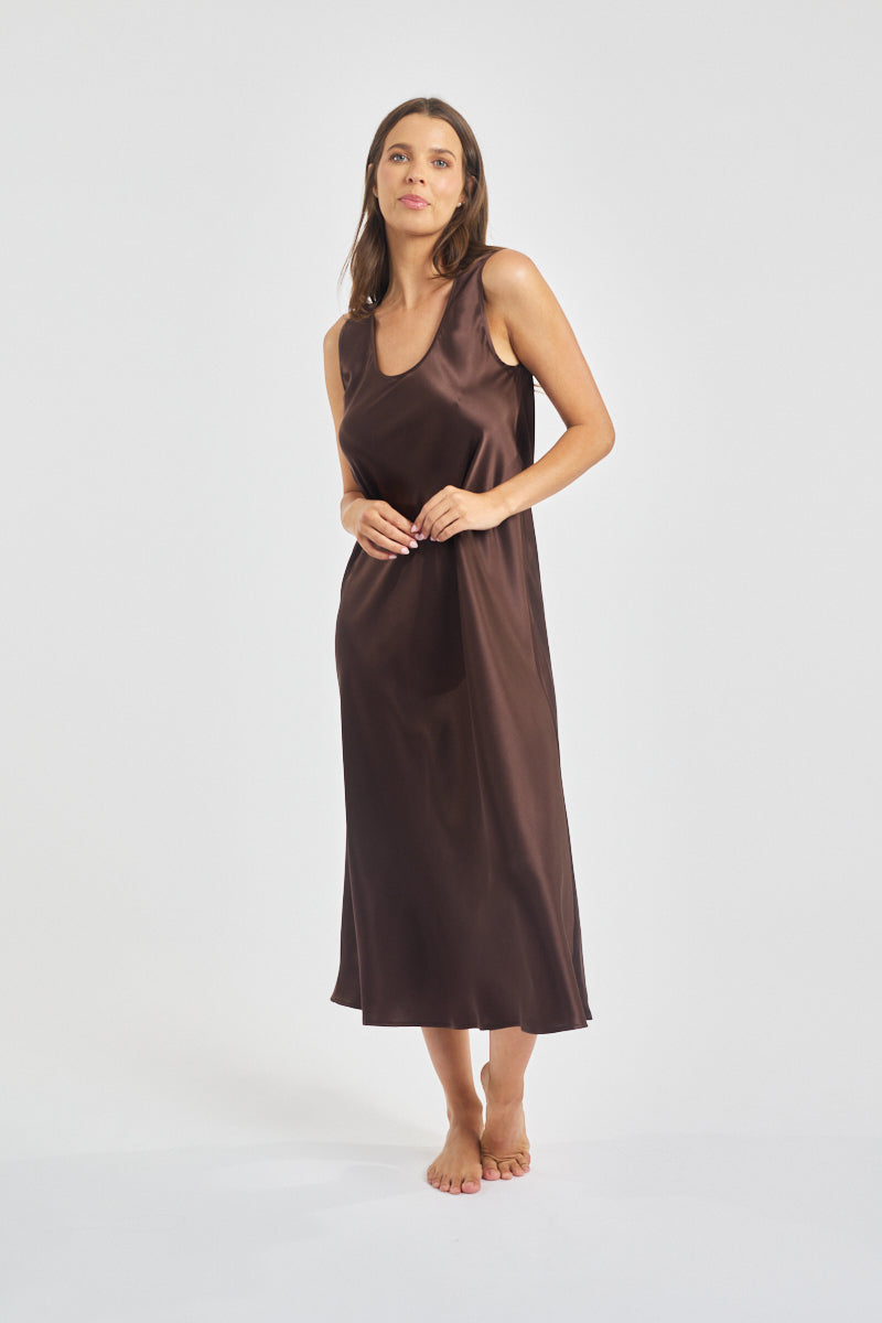 Mono Silk Long Nightdress Chocolate