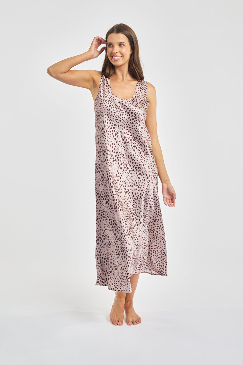 Mono Silk Long Nightdress Leopard