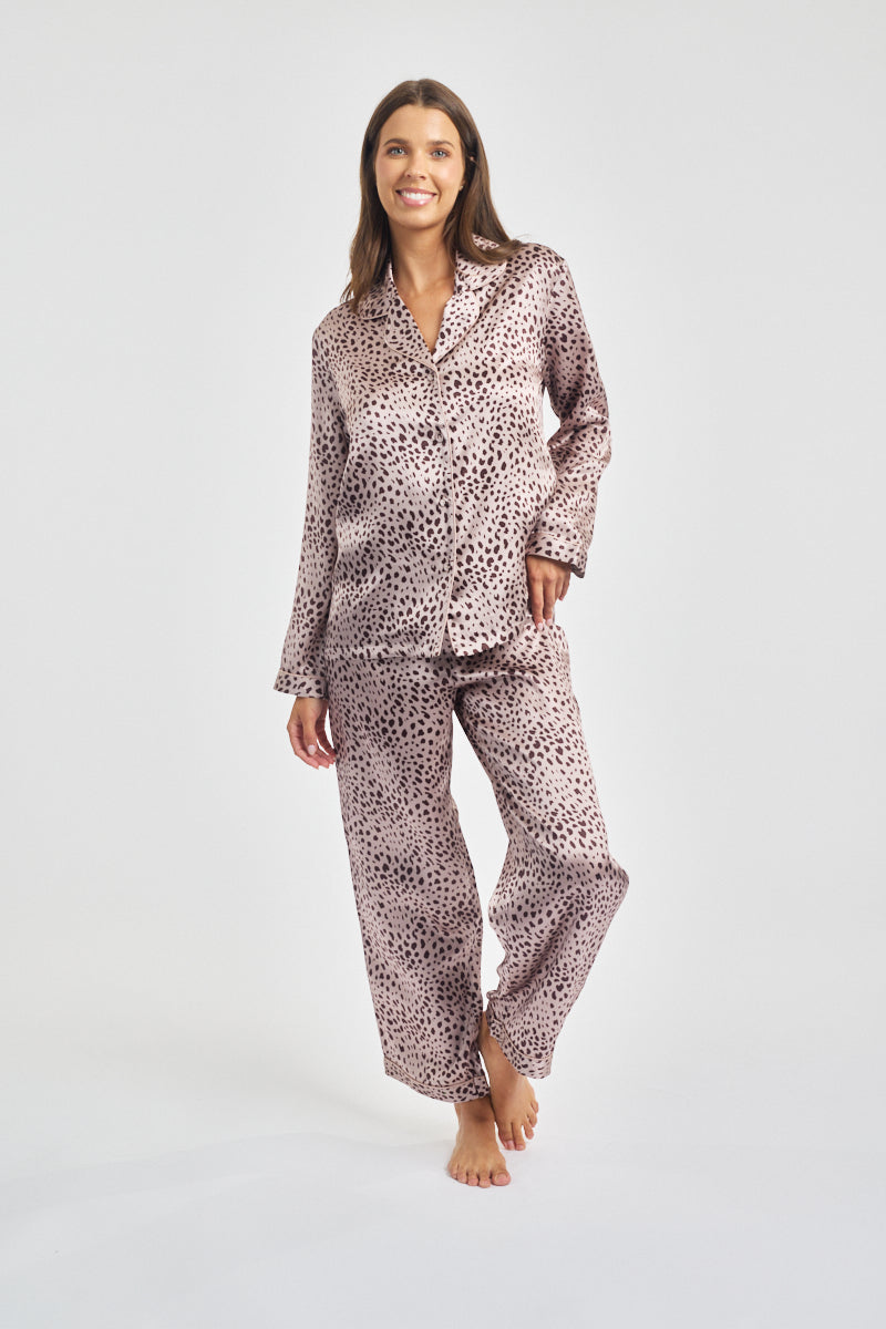 Silk Piped Pajama Set Leopard