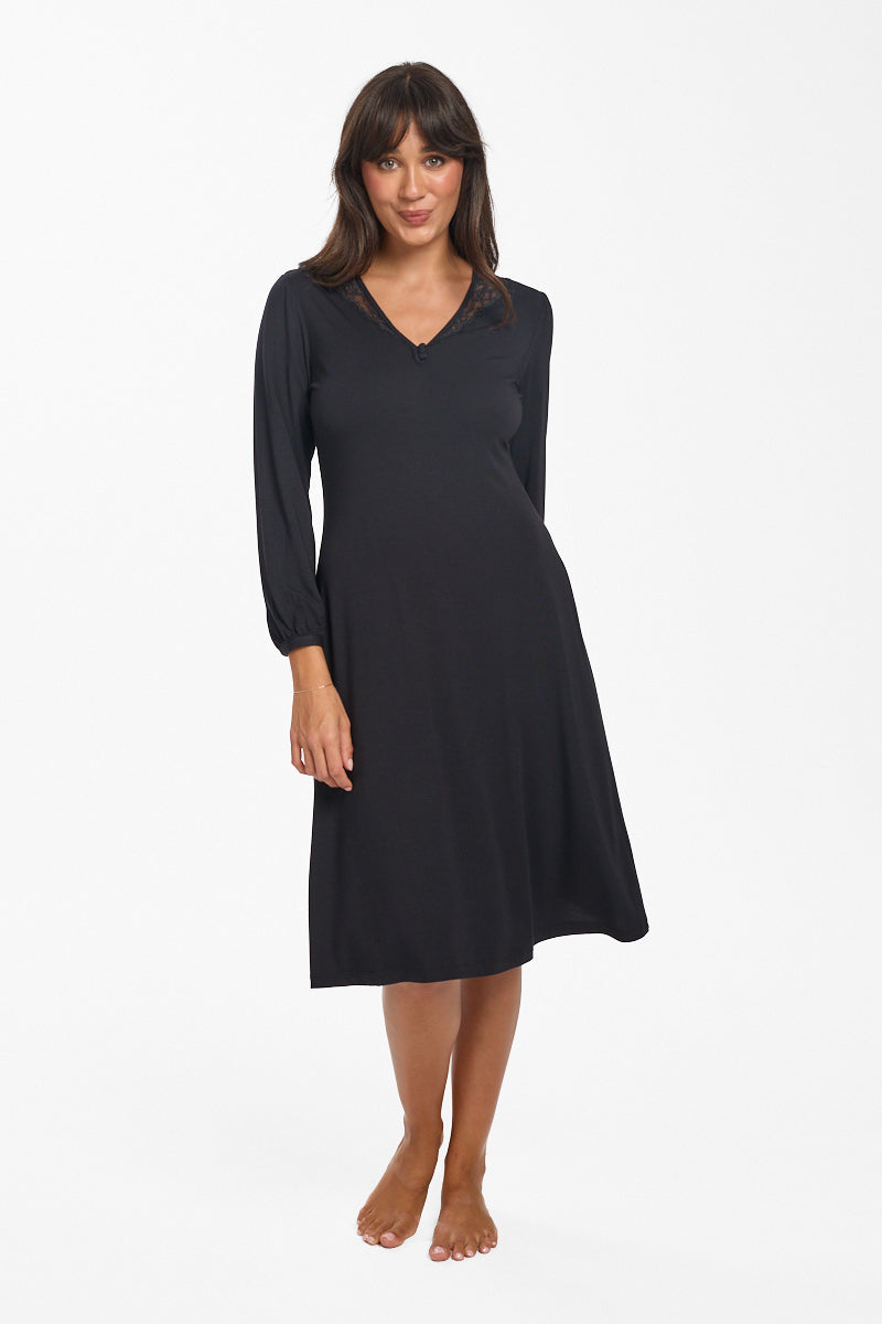 New La Femme L/S Modal Nightie Black