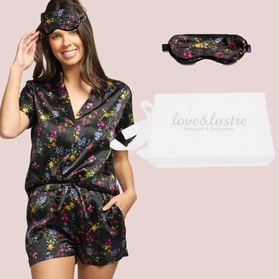 Gift Set - Silk Shorty PJ Set + Silk Sleep Mask - Midnight Garden