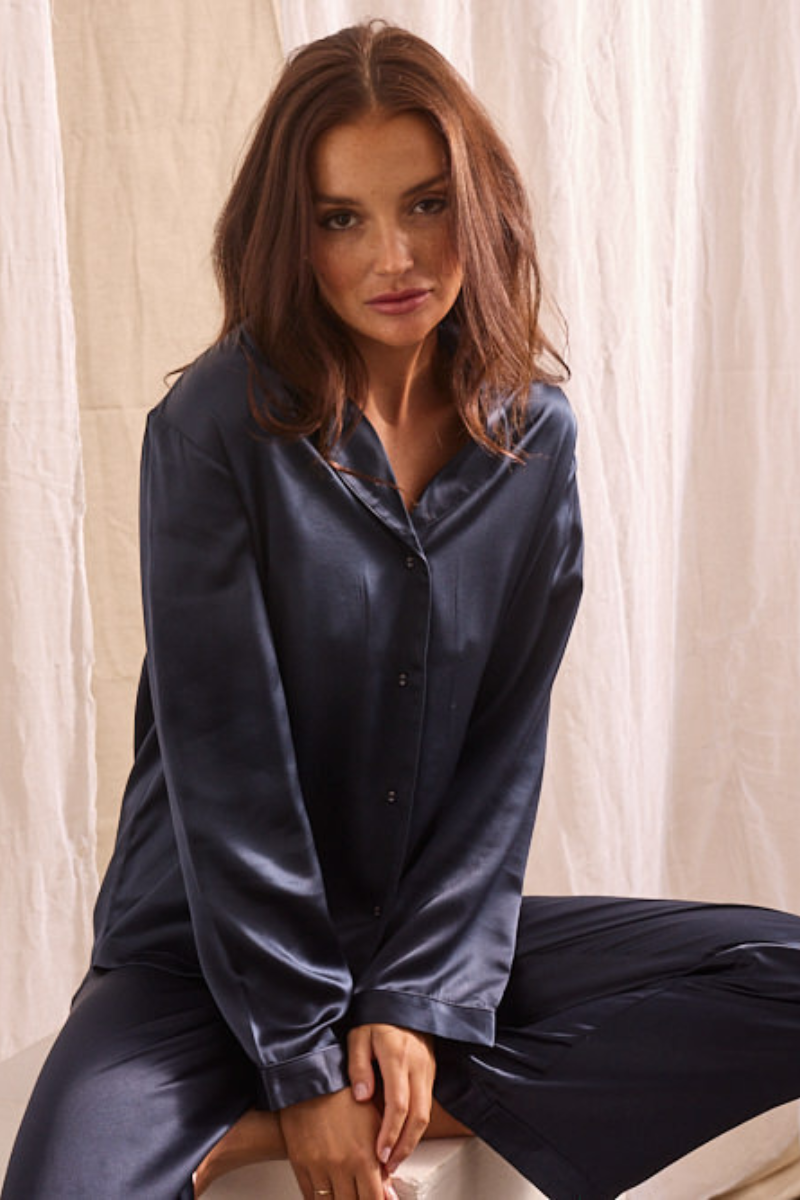 Silk Piped Pajama Set Navy*