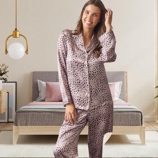 Silk Piped Pajama Set Leopard