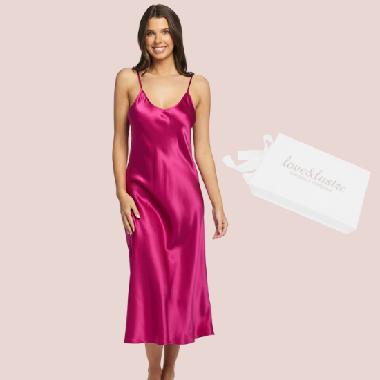 Gift Boxed - Silk Chemise 3/4 Length - Cerise