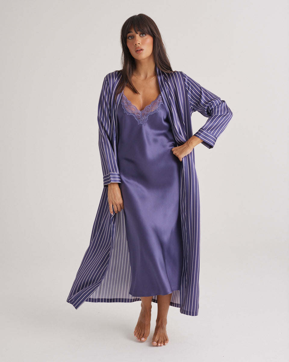 New Silk Long Robe Blue Manor Stripe