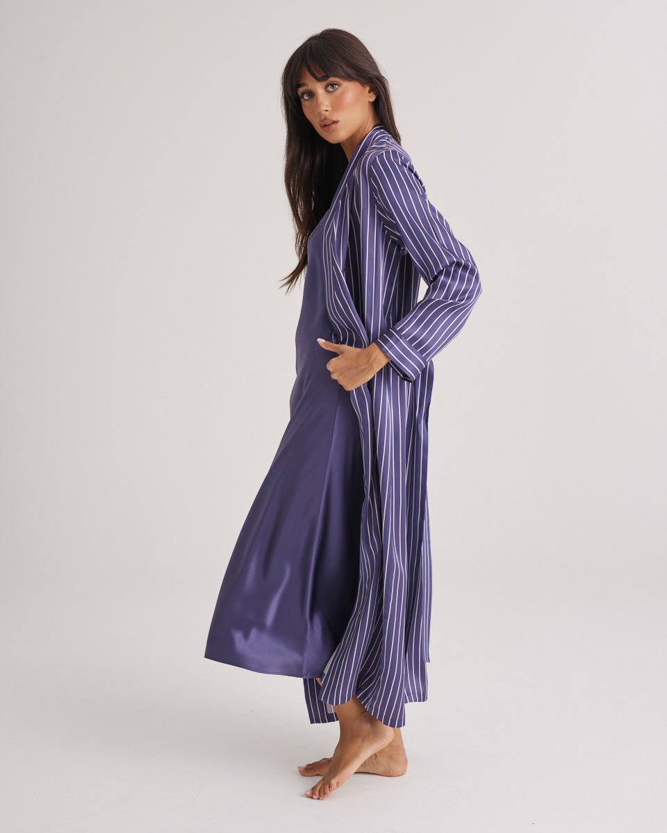 New Silk Long Robe Blue Manor Stripe