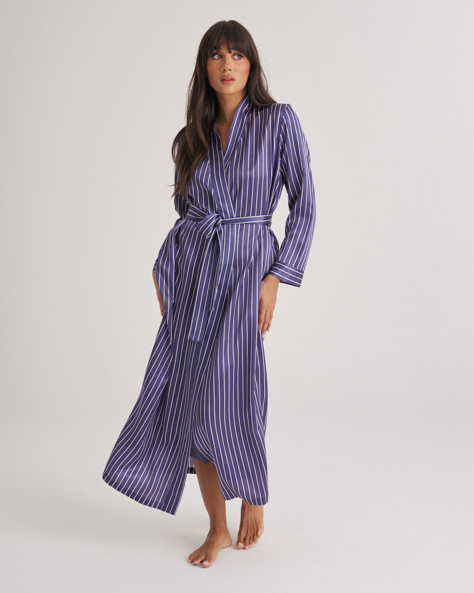 New Silk Long Robe Blue Manor Stripe
