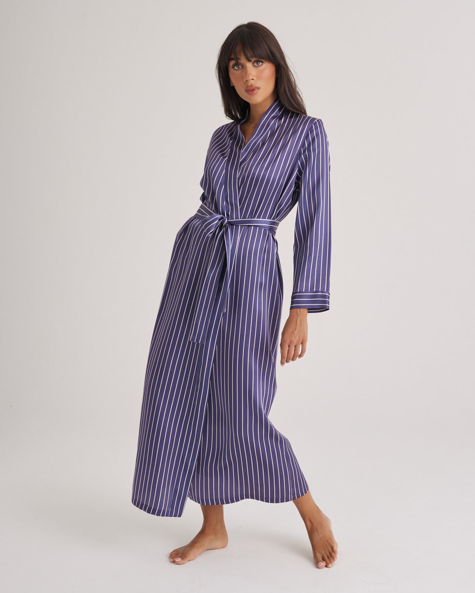 New Silk Long Robe Blue Manor Stripe