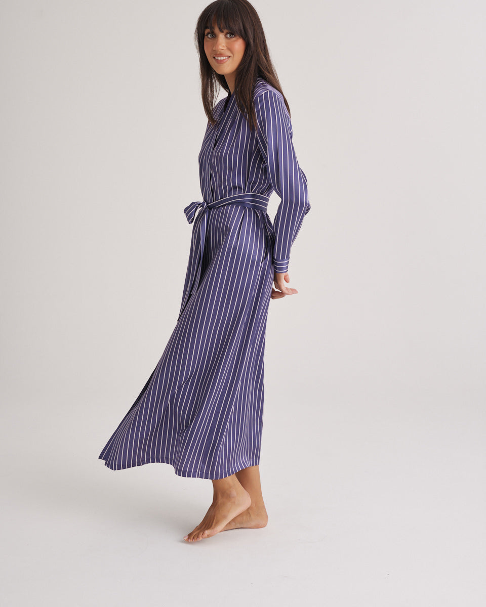 New Silk Long Robe Blue Manor Stripe