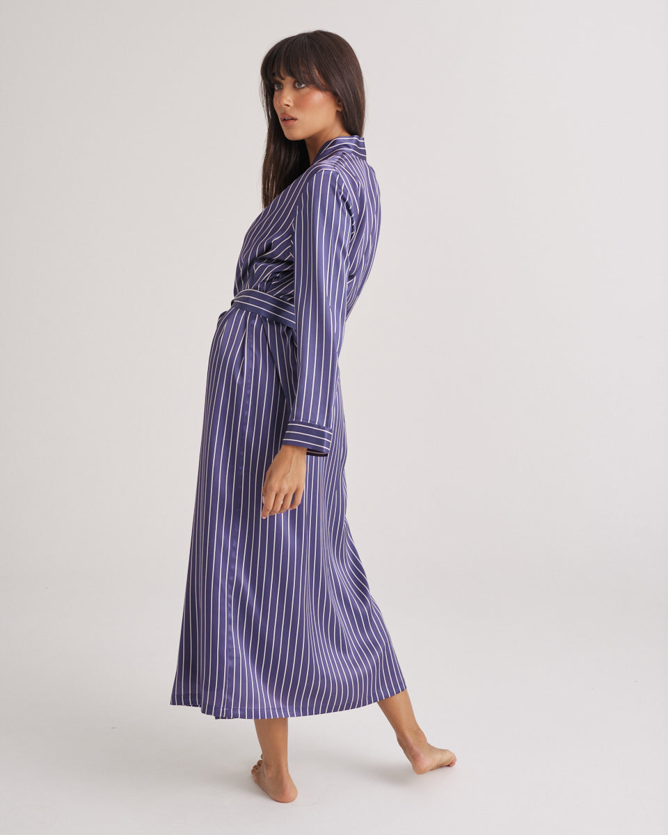 New Silk Long Robe Blue Manor Stripe