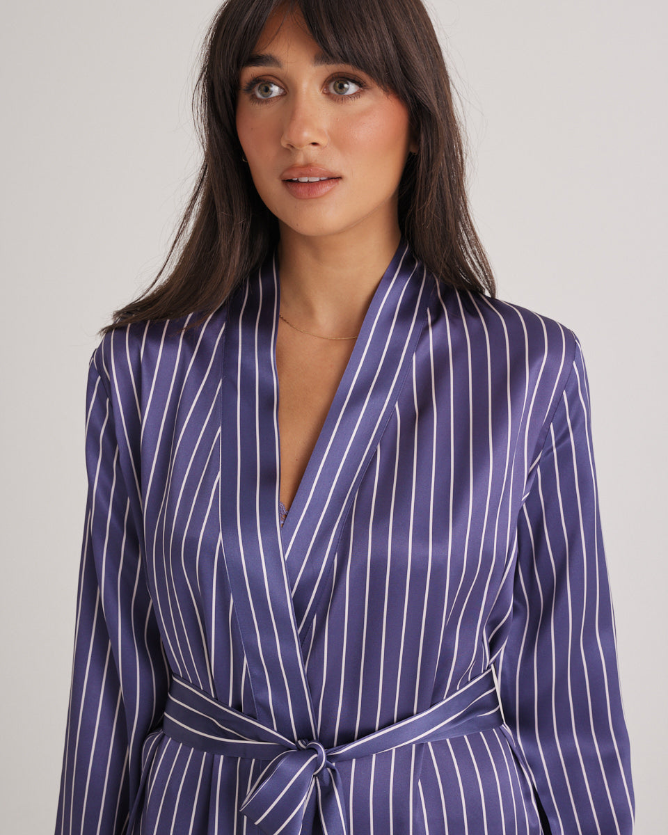 New Silk Long Robe Blue Manor Stripe