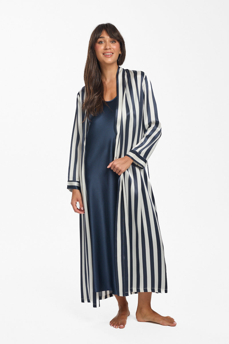 Navy Stripe Silk Long Robe