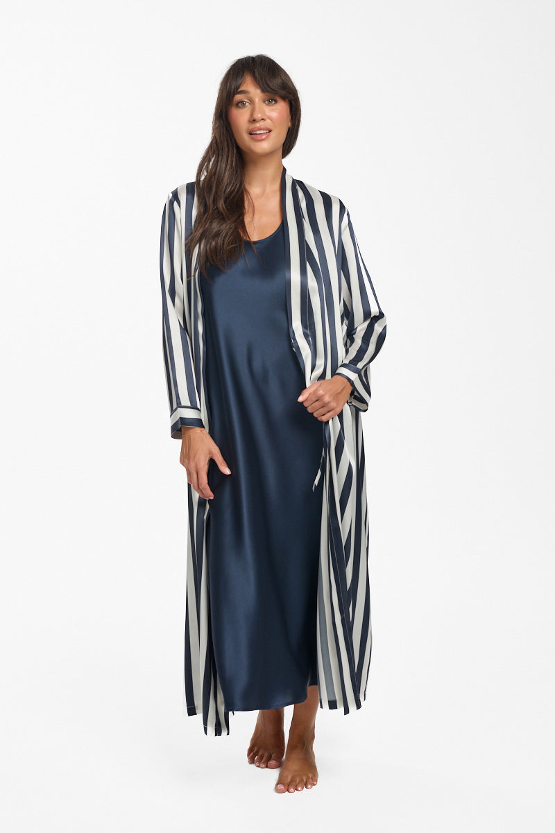 Navy Stripe Silk Long Robe