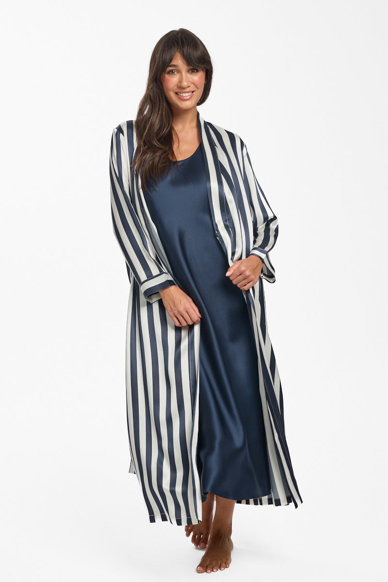 Navy Stripe Silk Long Robe