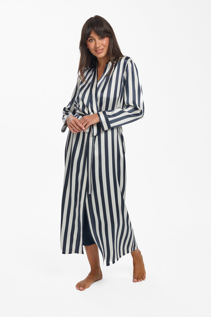 Navy Stripe Silk Long Robe
