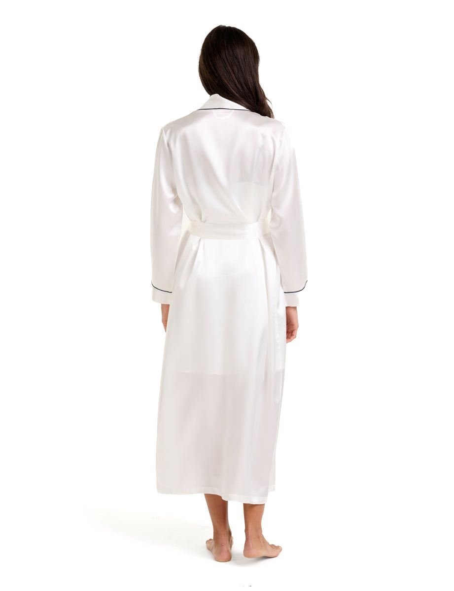 New Silk Long Robe Cashmere Ivory/Navy Contrast Trim
