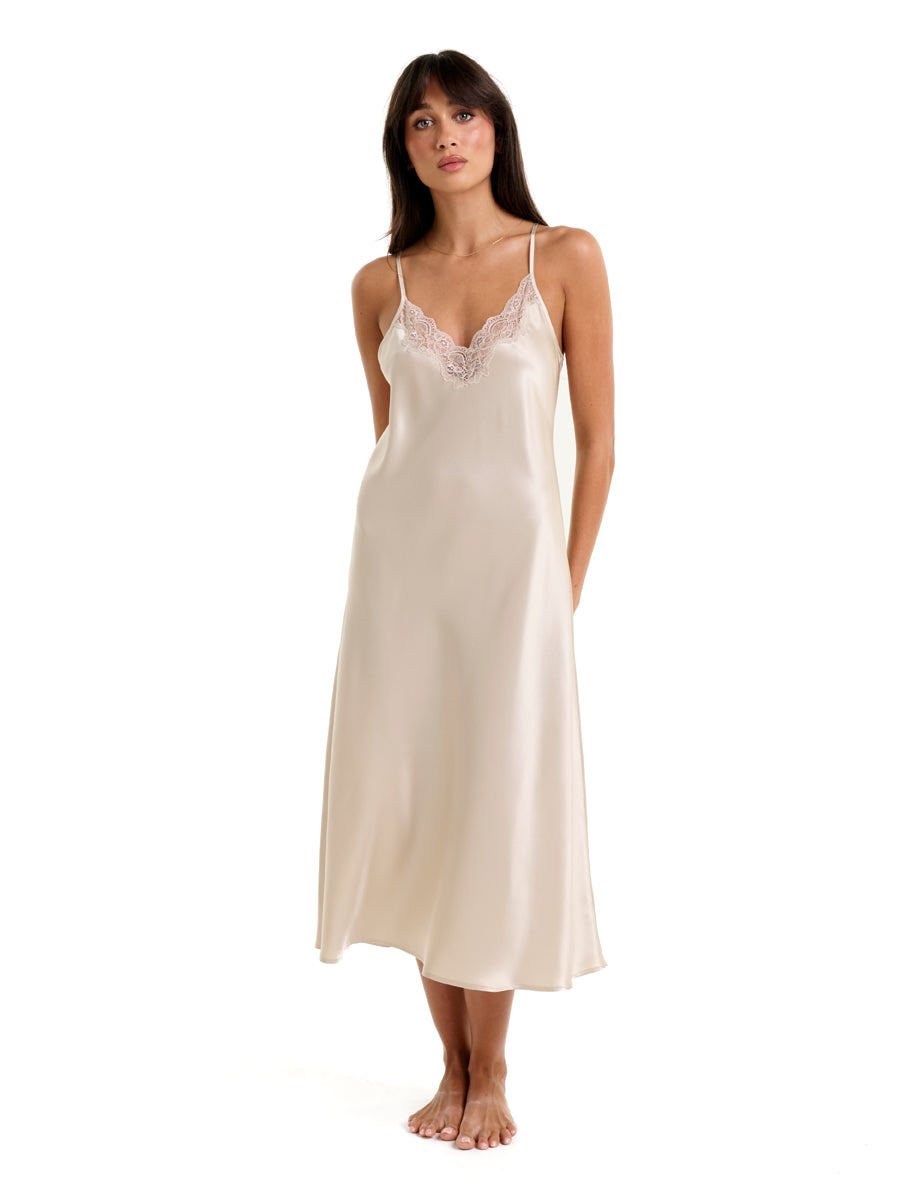 New Extended Long Chemise With Lace Champagne
