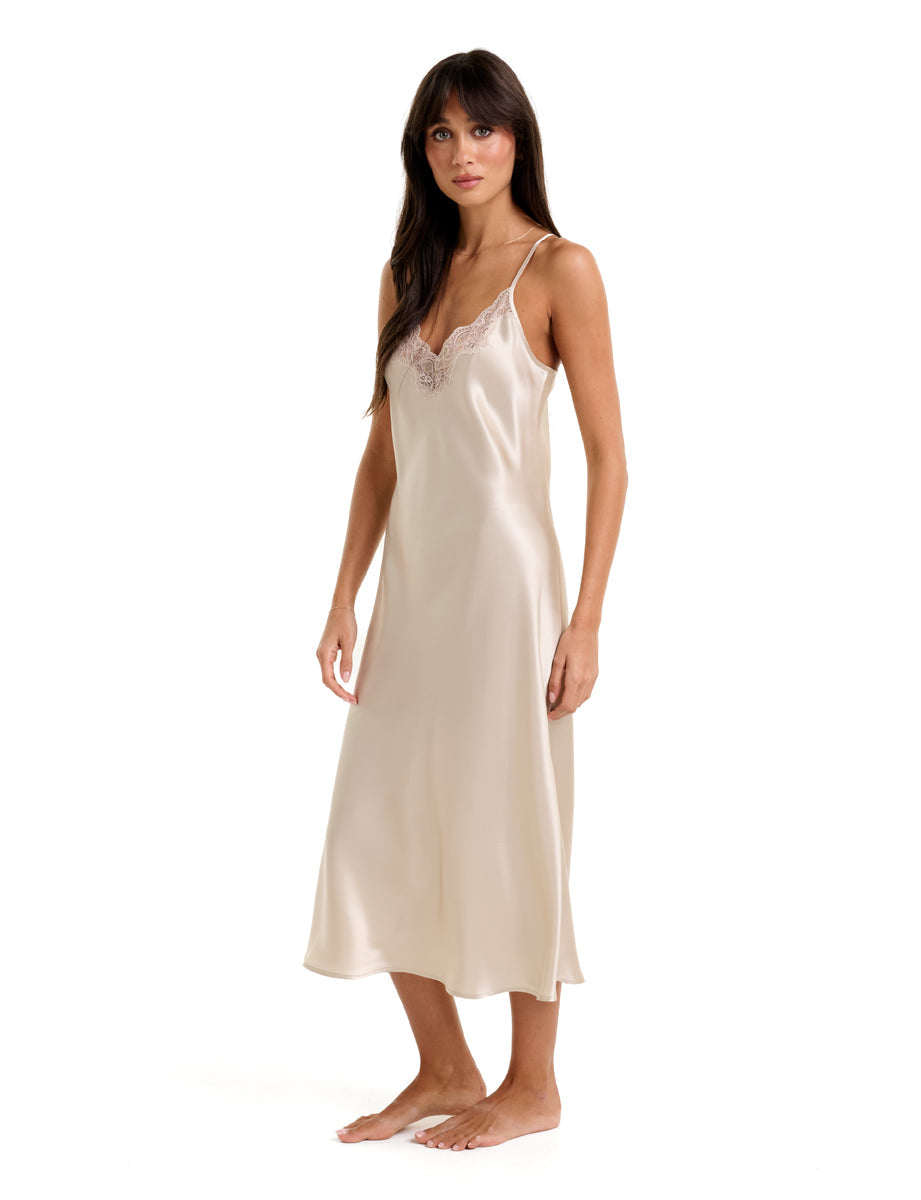 New Extended Long Chemise With Lace Champagne