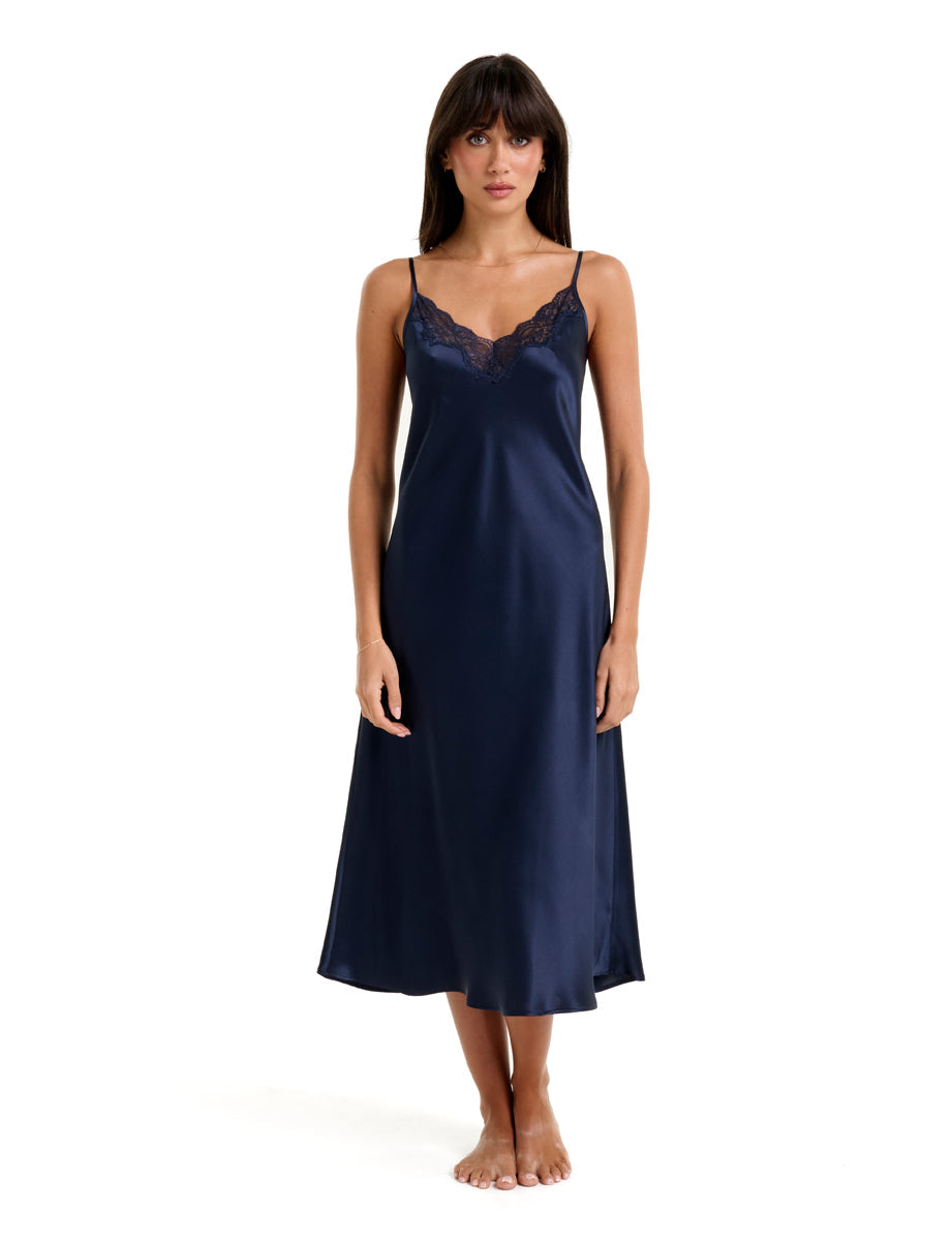 New Extended Long Chemise With Lace Navy