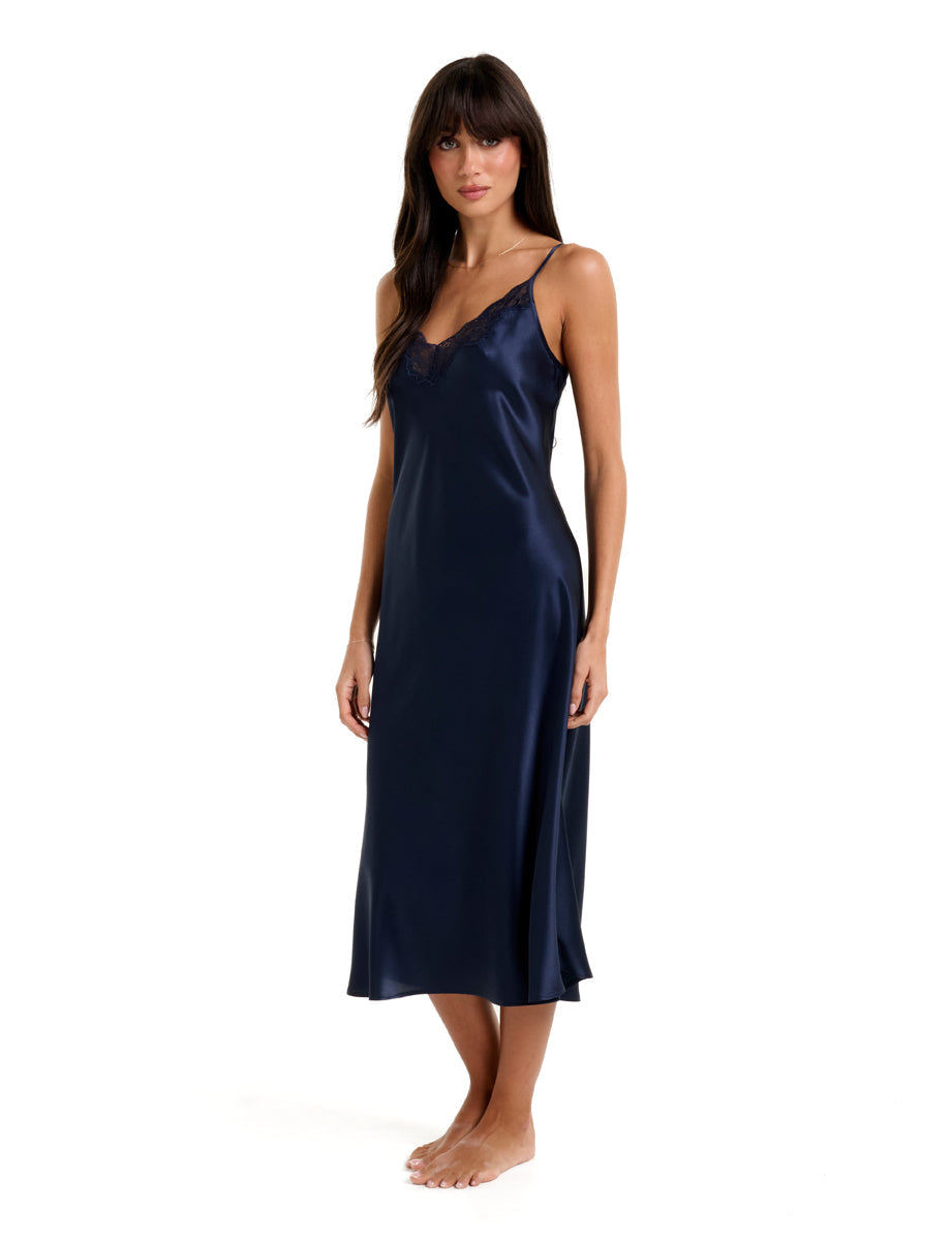 New Extended Long Chemise With Lace Navy