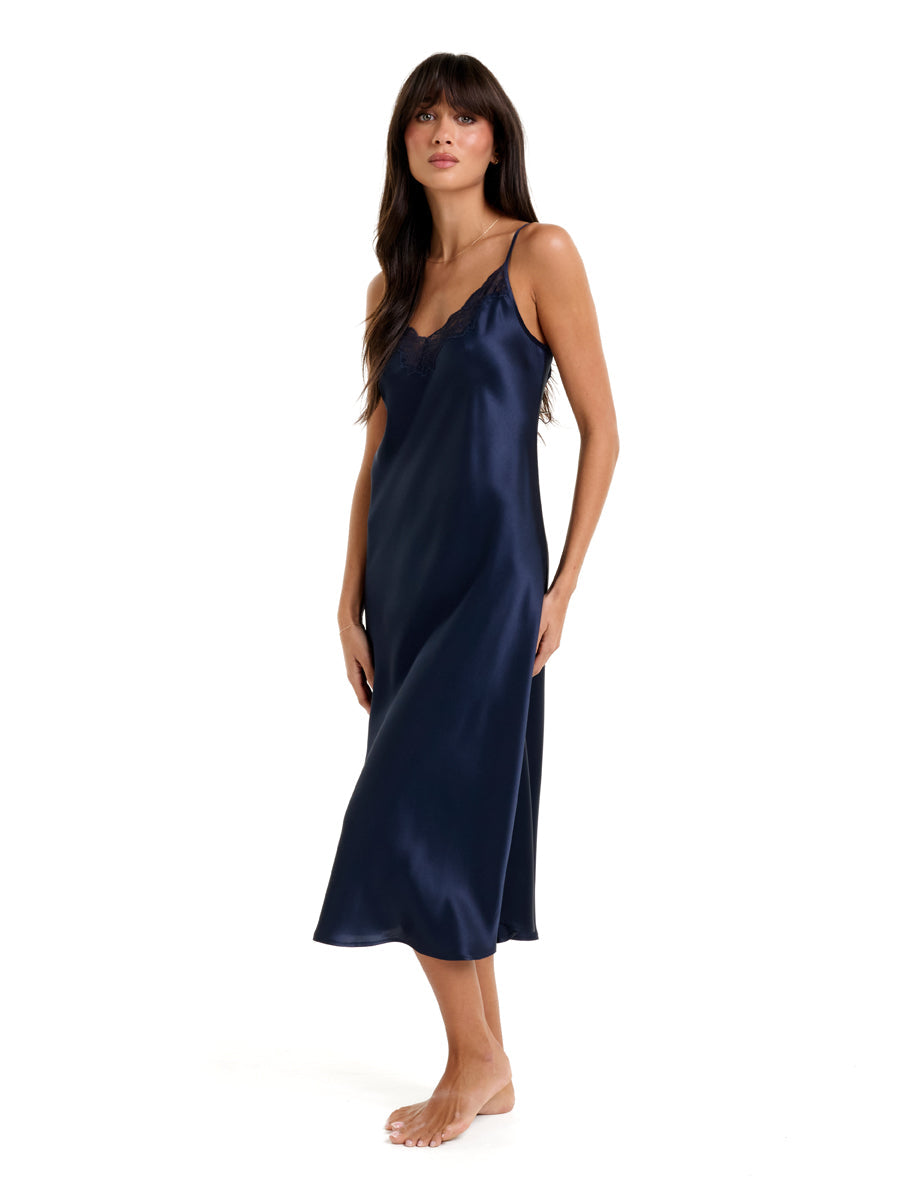 New Extended Long Chemise With Lace Navy