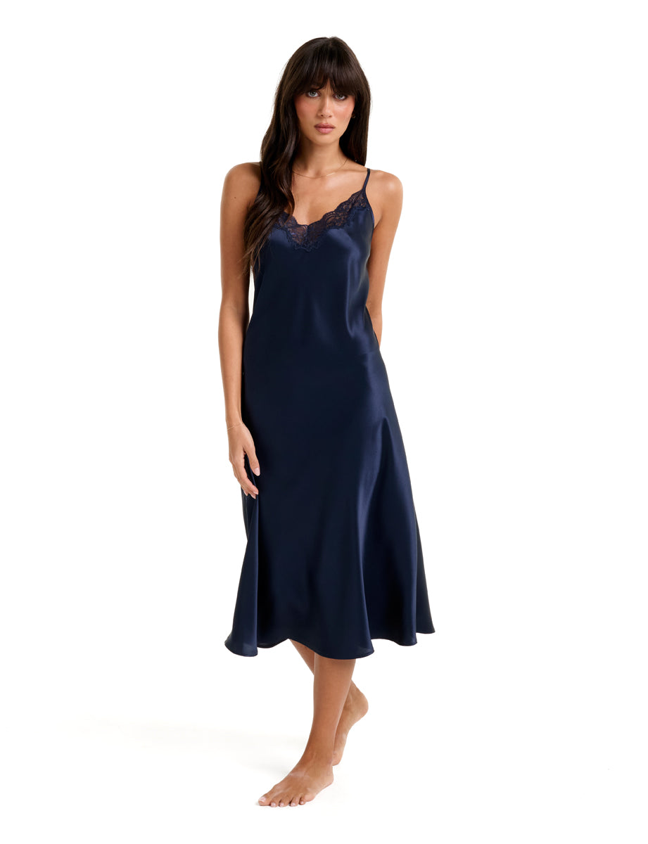 New Extended Long Chemise With Lace Navy