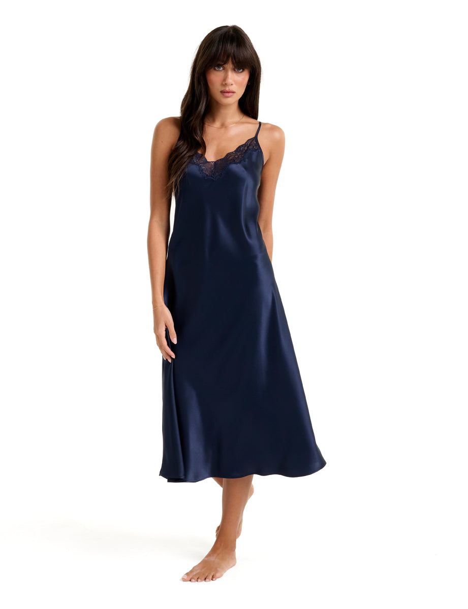 New Extended Long Chemise With Lace Navy