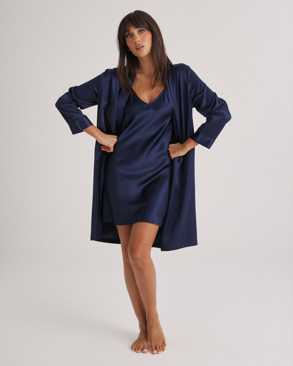 Silk Robe Mid Length - Navy