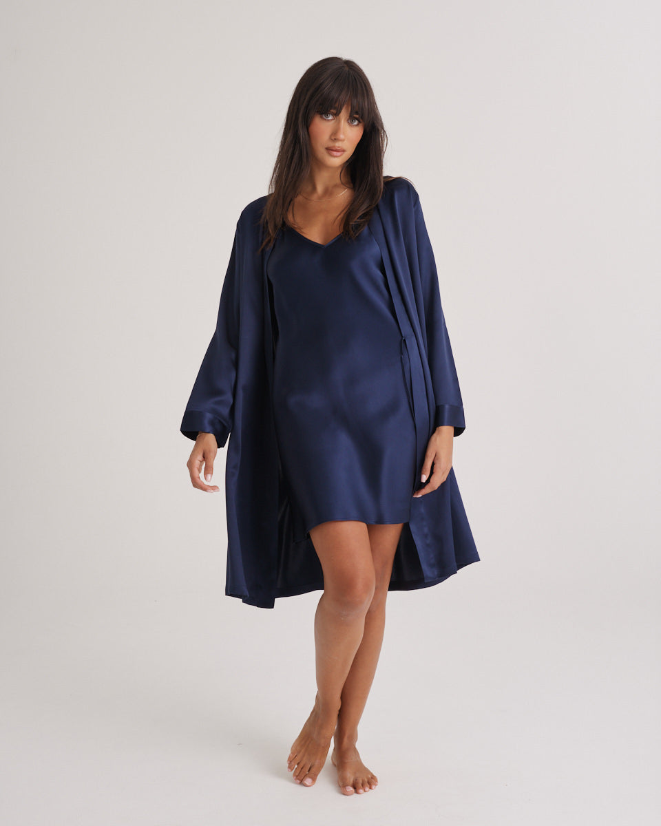 Silk Robe Mid Length - Navy
