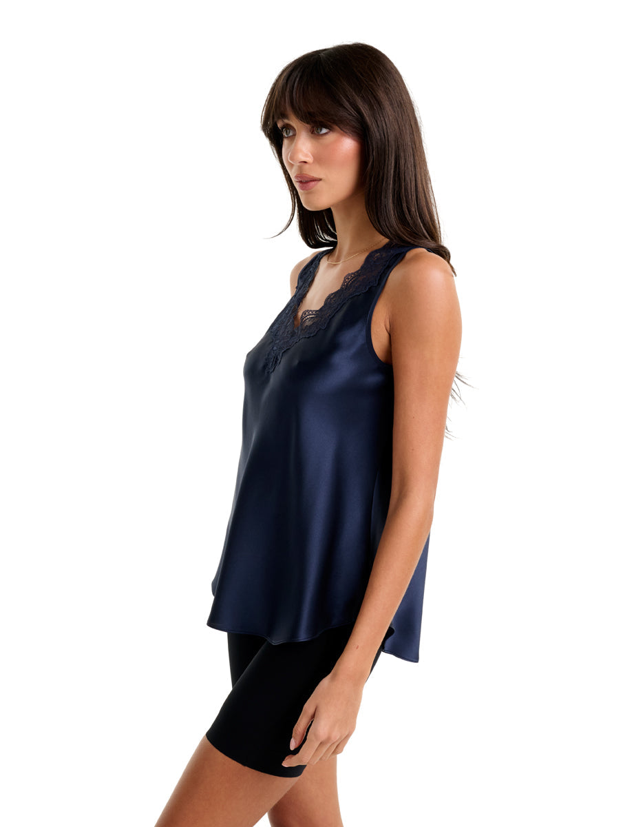 New Mono Silk Cami with Lace Navy