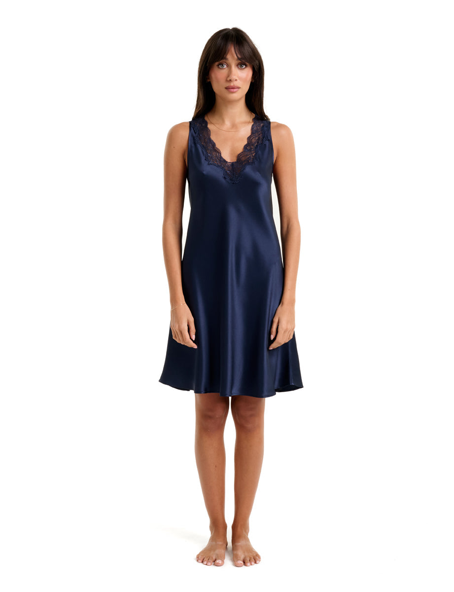 New Short Mono Silk Chemise With Lace Navy