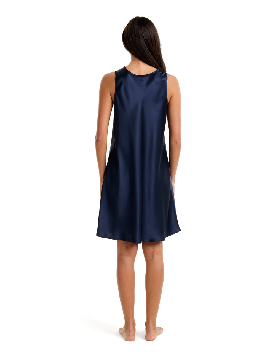 New Short Mono Silk Chemise With Lace Navy