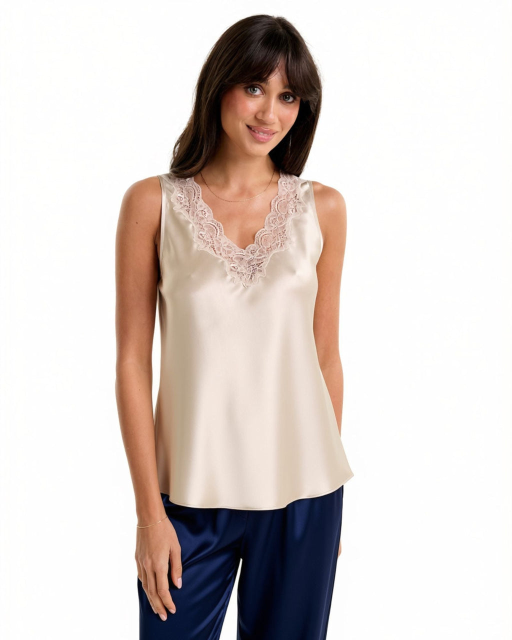 New Mono Silk Cami With Lace Champagne