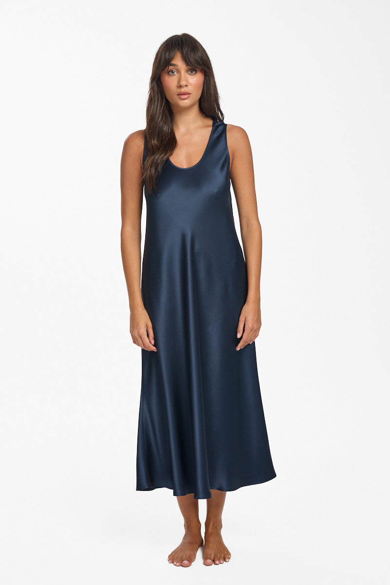 Mono Silk Long Nightdress Navy
