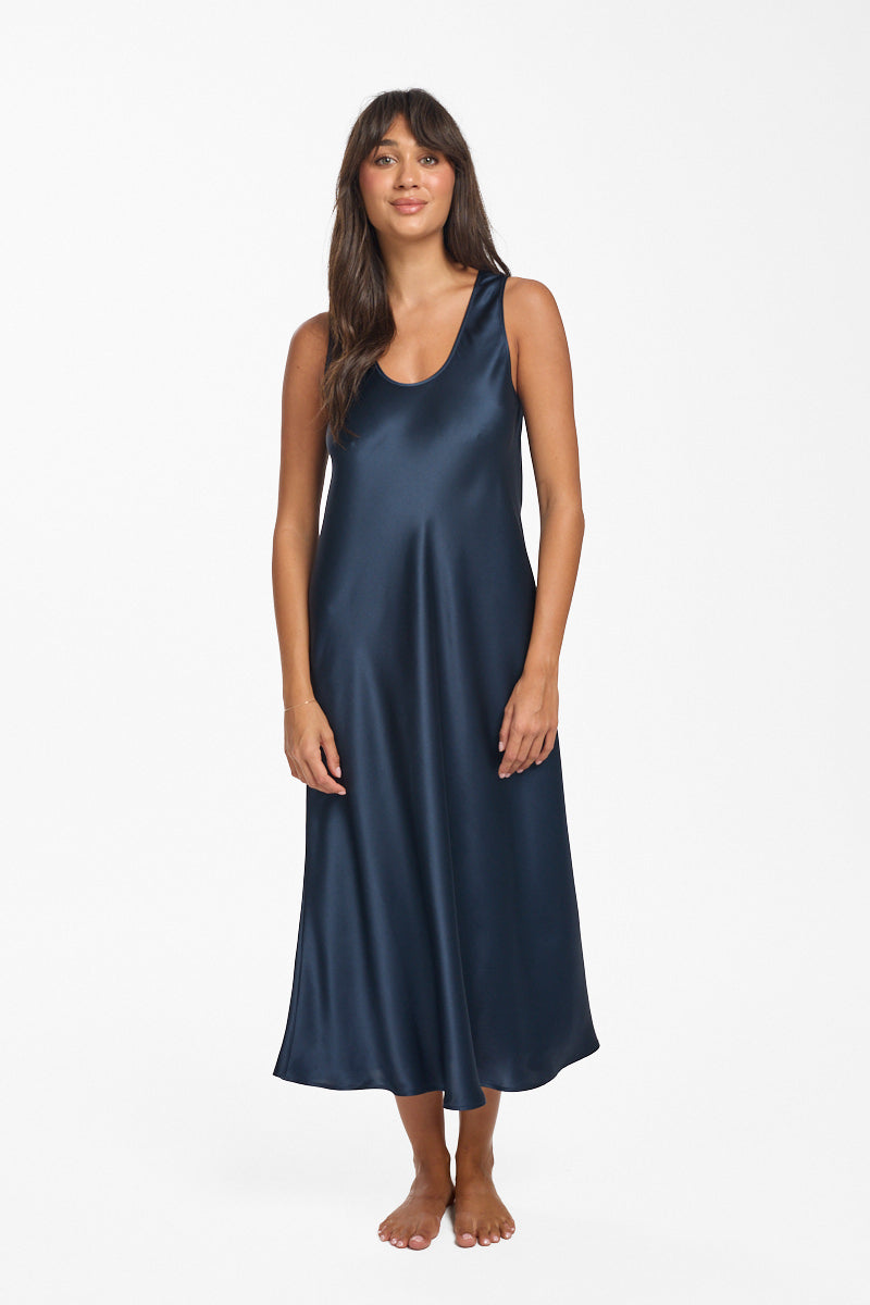 Mono Silk Long Nightdress Navy