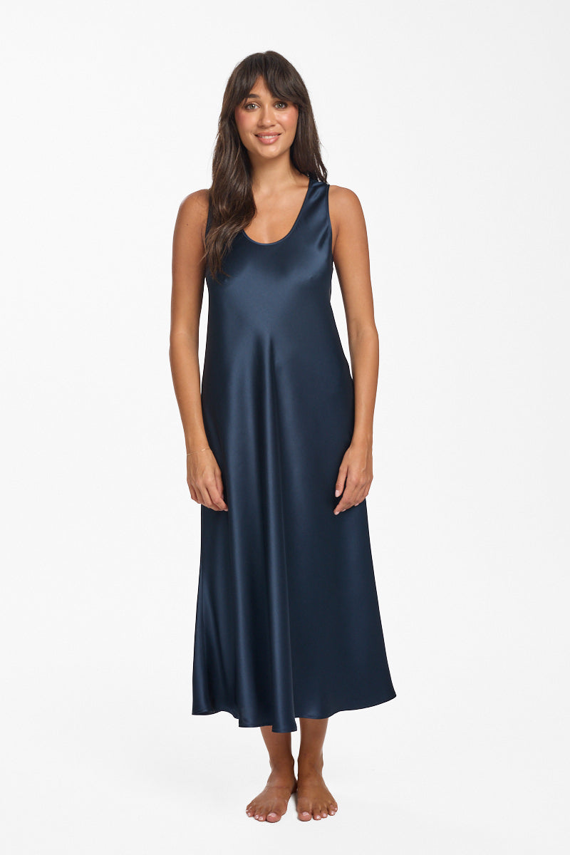 Mono Silk Long Nightdress Navy
