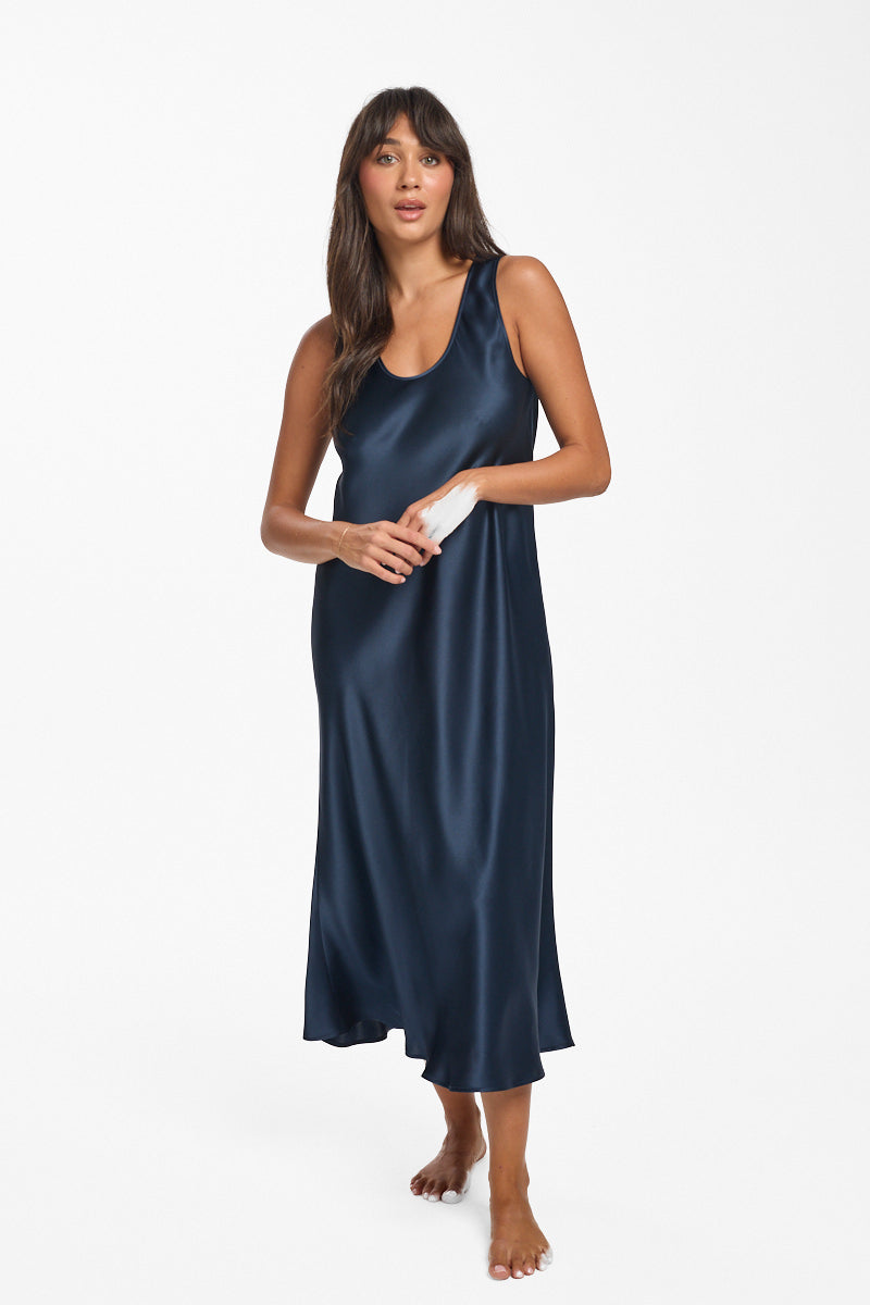 Mono Silk Long Nightdress Navy