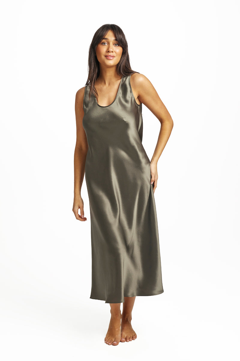 Mono Silk Long Nightdress Olive