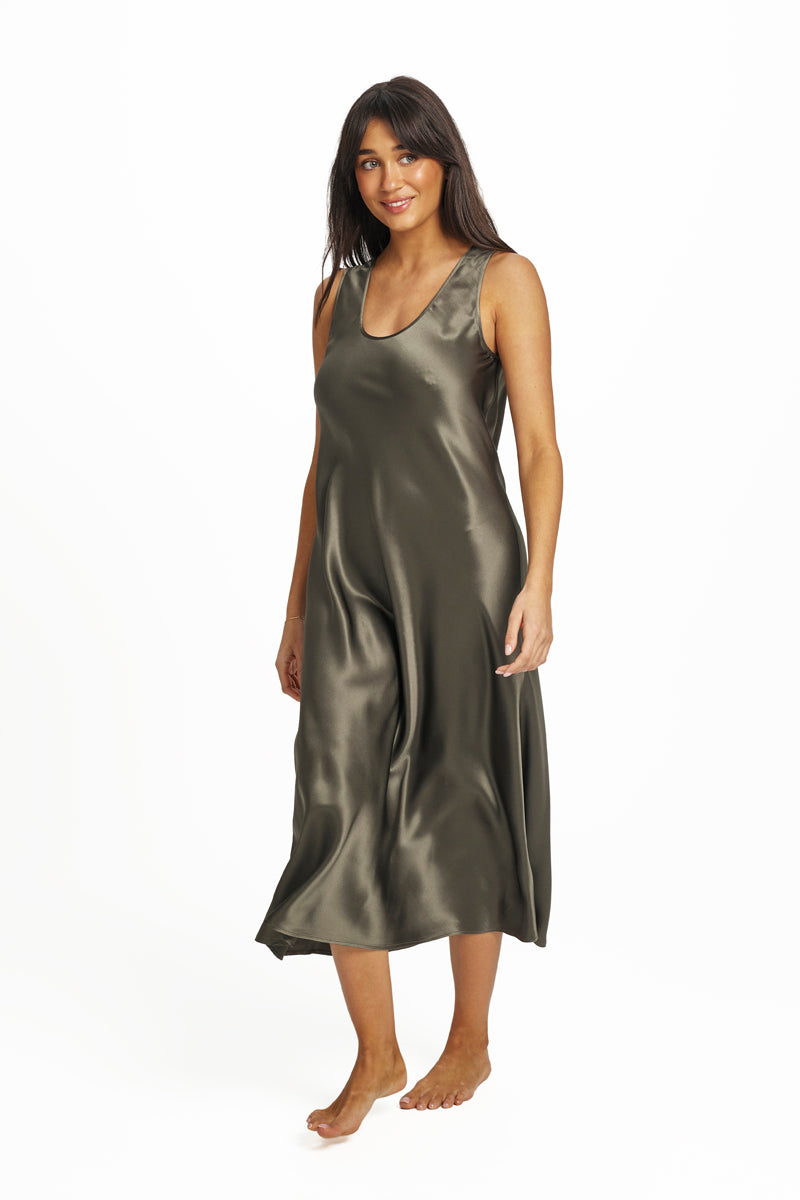 Mono Silk Long Nightdress Olive