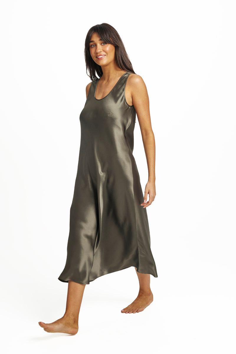 Mono Silk Long Nightdress Olive