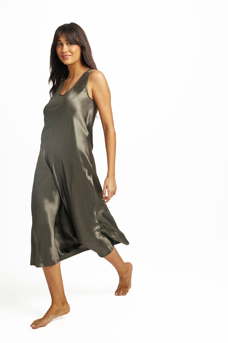 Mono Silk Long Nightdress Olive