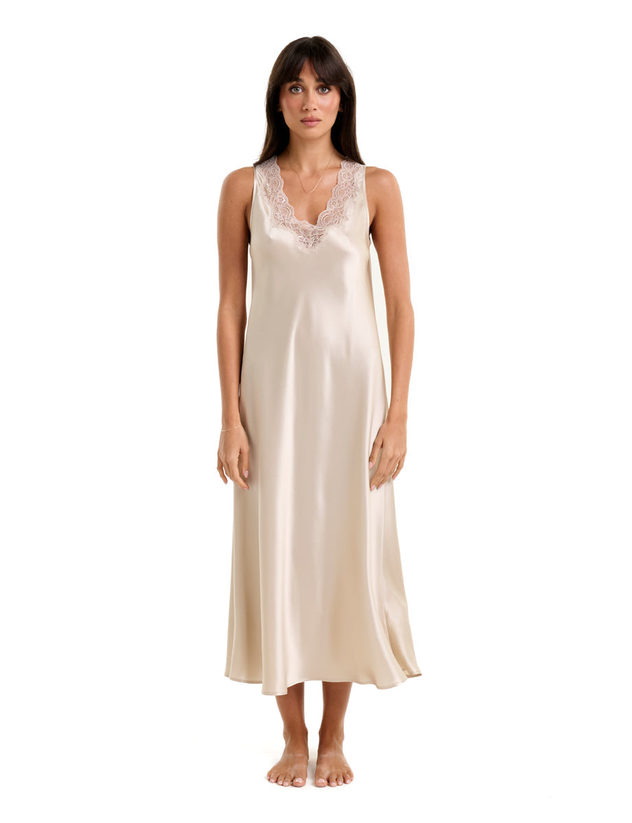 New Long Chemise With Lace Champagne