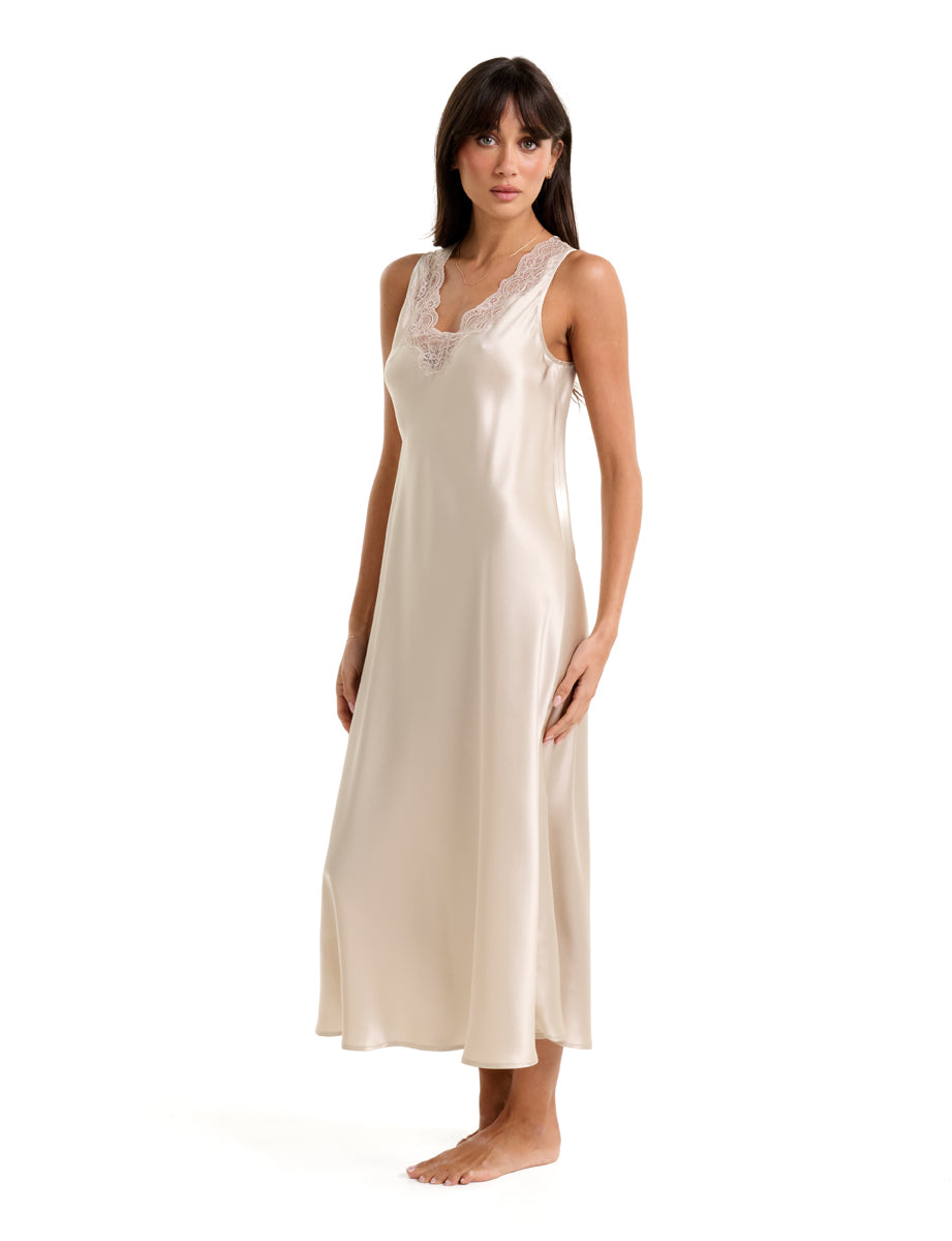 New Long Chemise With Lace Champagne