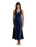 New Long Mono Silk Chemise With Lace Navy