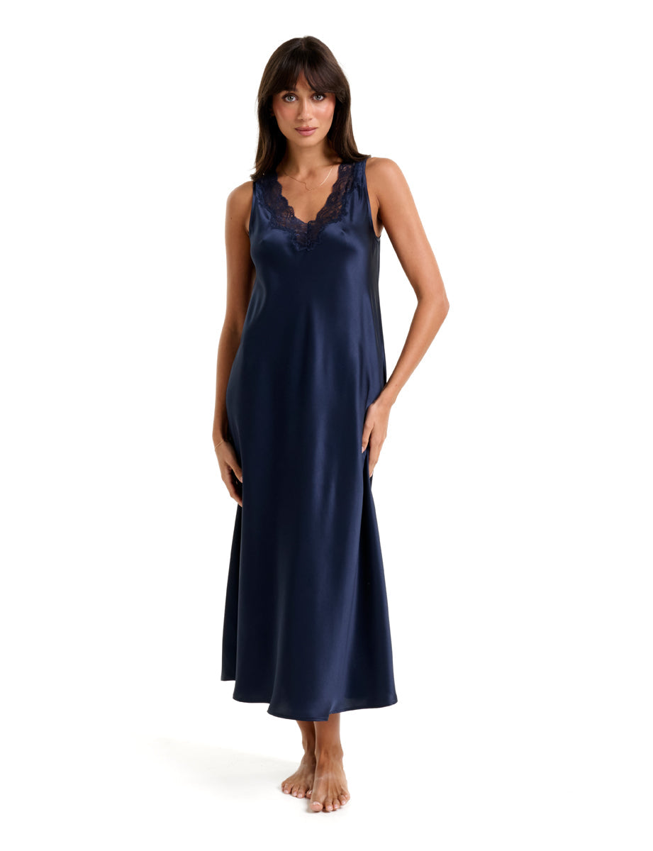 New Long Mono Silk Chemise With Lace Navy