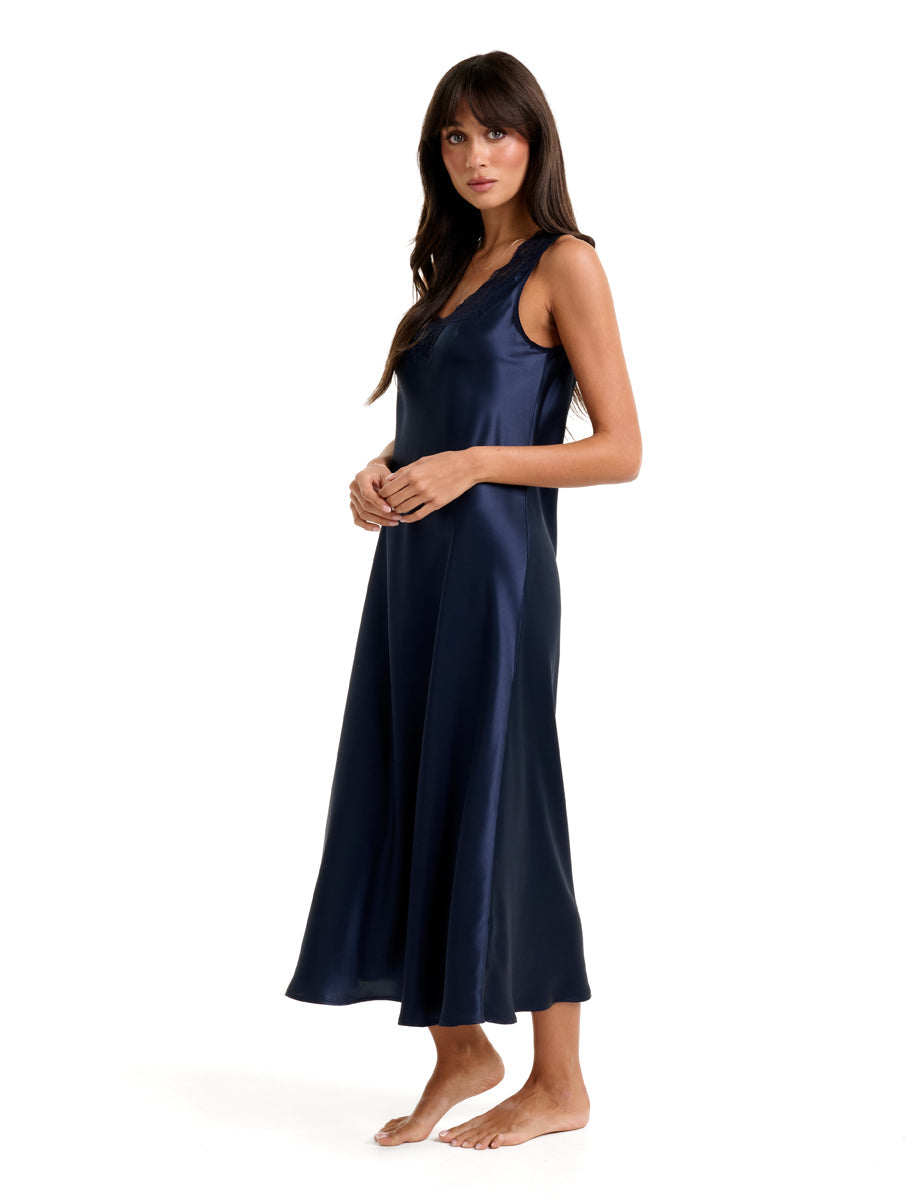 New Long Mono Silk Chemise With Lace Navy