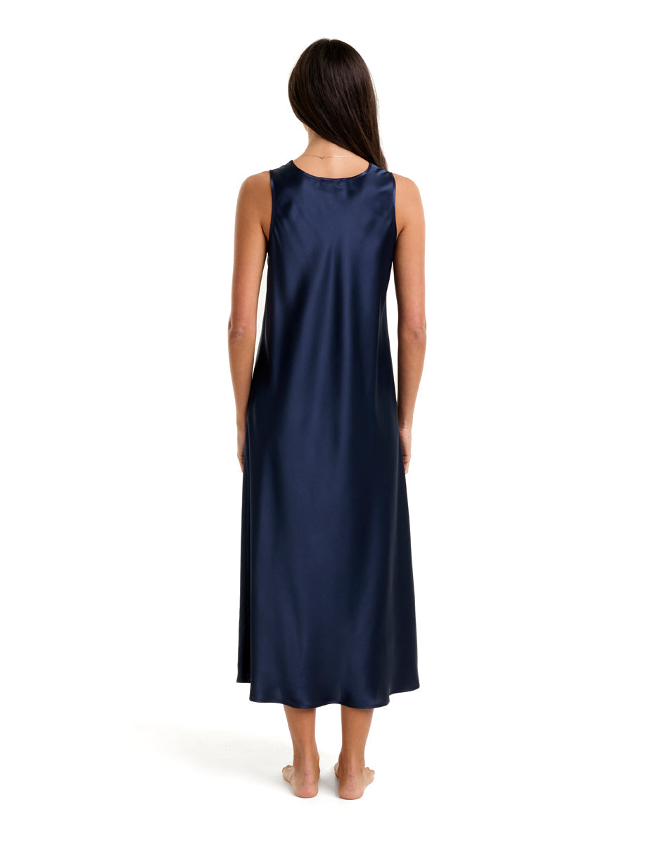 New Long Mono Silk Chemise With Lace Navy