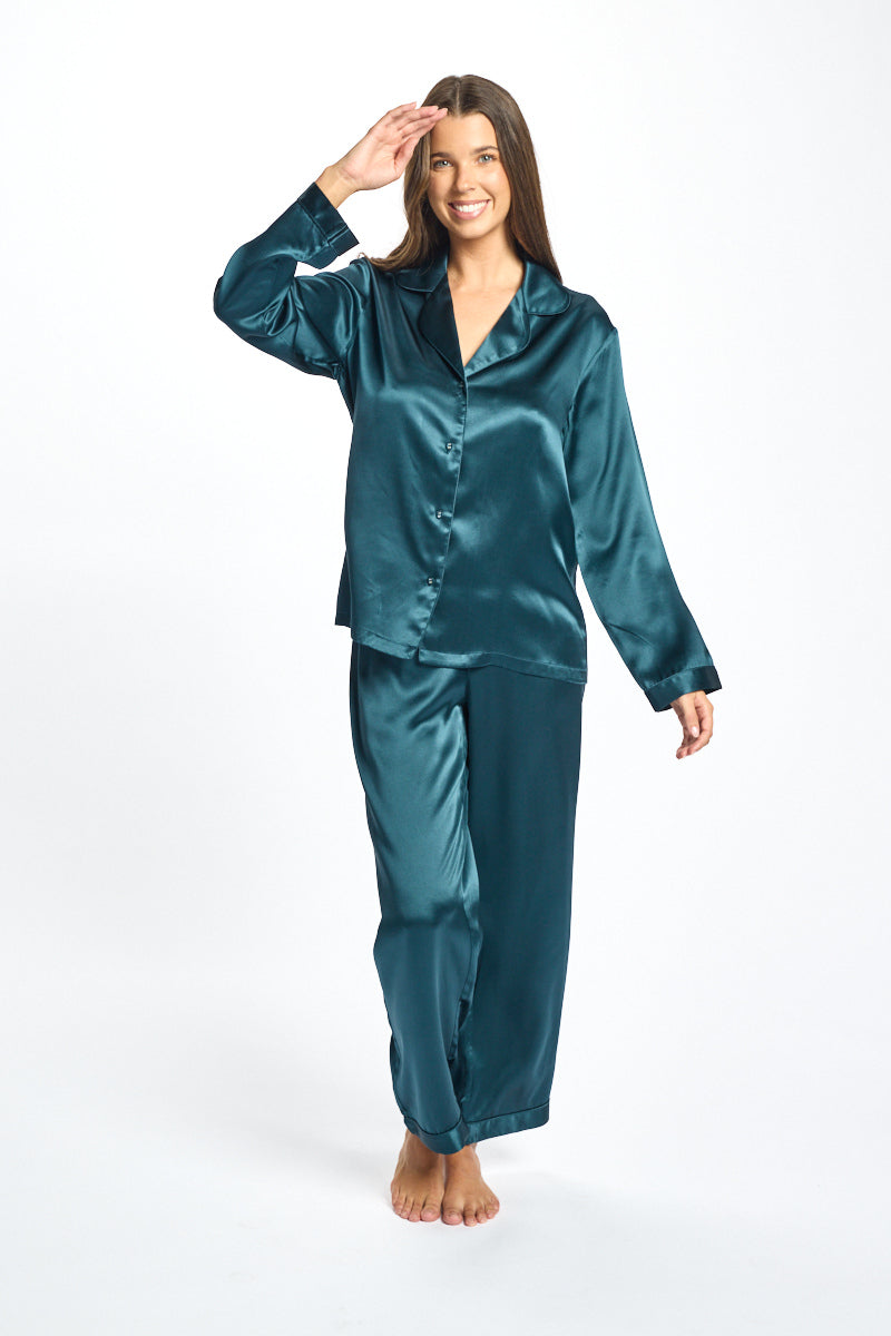 Silk Piped Pajama Set Deep Forest