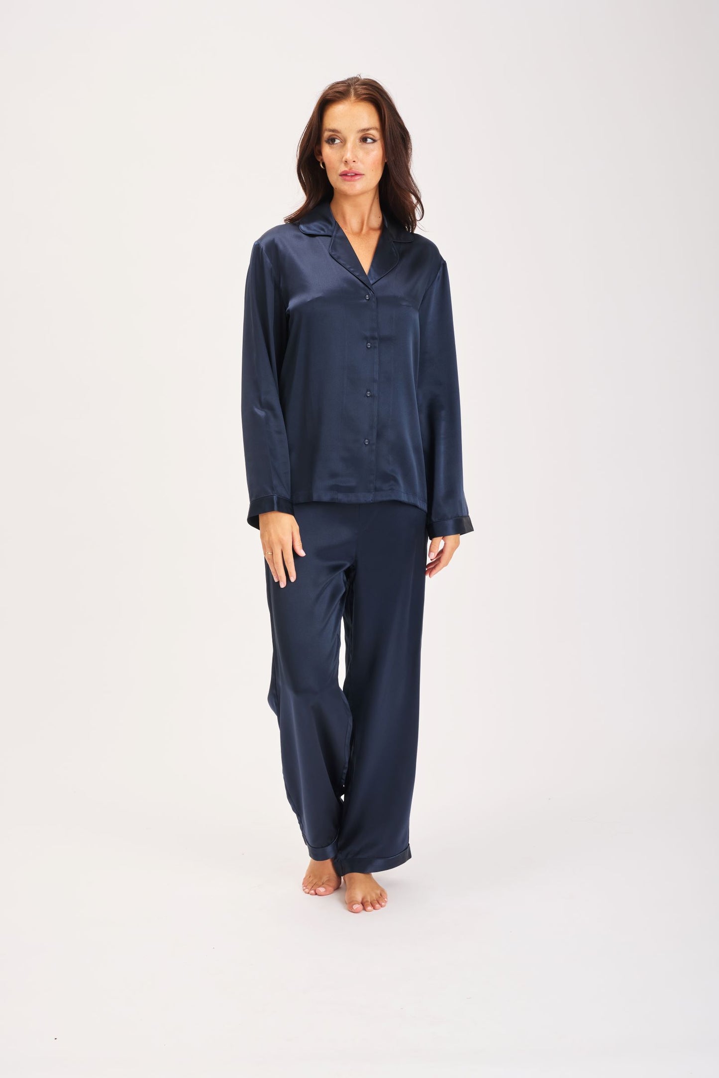 Silk Piped Pajama Set Navy*